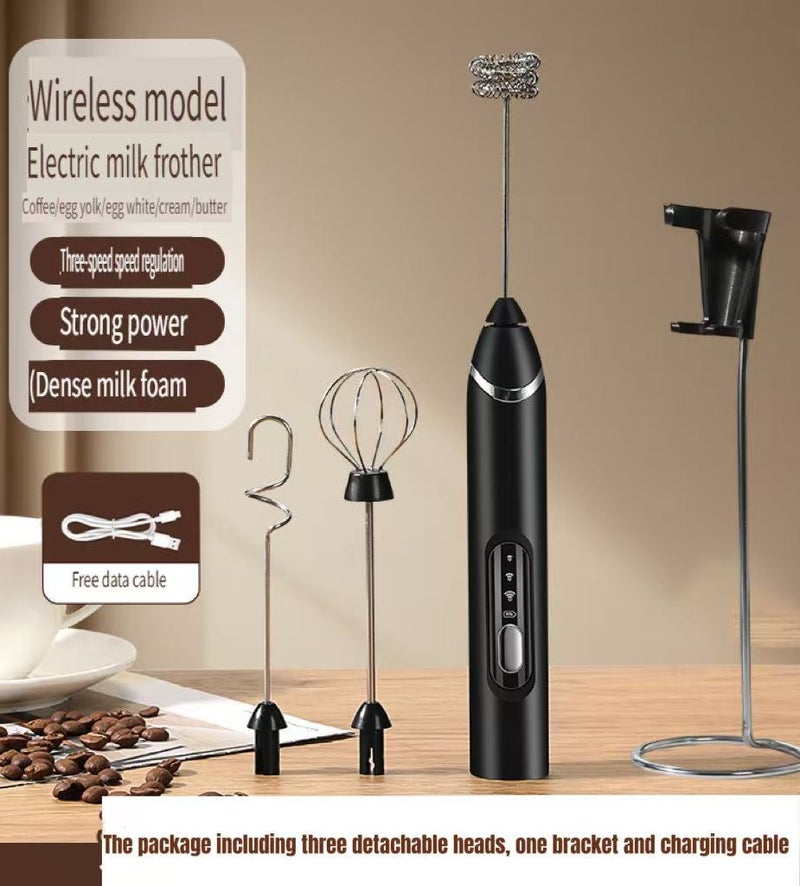 الكهربائية الحليب الرغوة اليدوية USB مع قوس ثلاثة سرعة قابلة للتعديل, رغوة صانع 1200mA نوع-Cالشحن, الدقيق خلاط 304 الفولاذ المقاوم للصدأ, قابلة لإعادة الشحن بيضة جلد منخفضة الضوضاء, أسود - Image 1